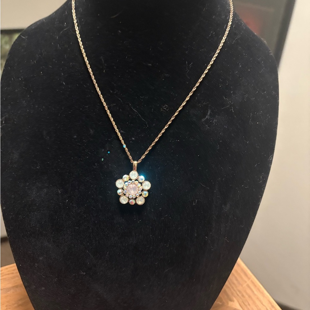 Gold and Silver Floral Aurora Borealis Pendant Necklace